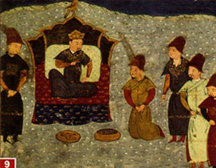 Batu Khan on the throne. Batu Khan was a Mongol ruler and founder of the Golden Horde. Batu was a son of Jochi and grandson of Genghis Khan. 