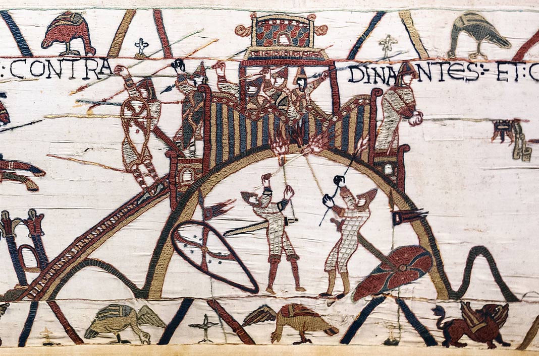 The Bayeux Tapestry contains one of the earliest representations of a castle. It depicts attackers of Château de Dinan in France using fire, one of the threats to wooden castles.