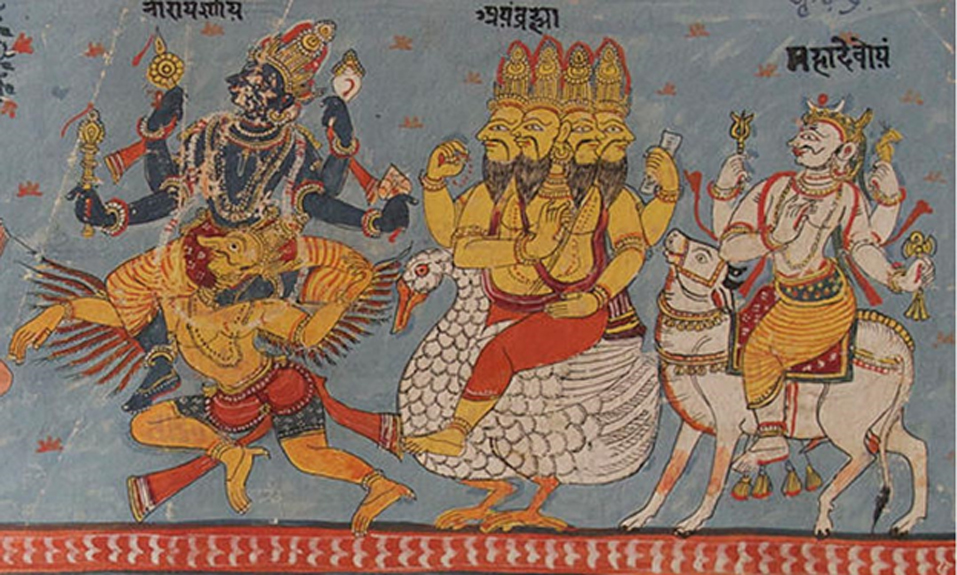 A page of a Bhagavata Purana illustrated manuscript in Devanagari. Illustration depicts Vishnu, Brahma and Shiva seated on their respective vahanas, or mythical mounts. 