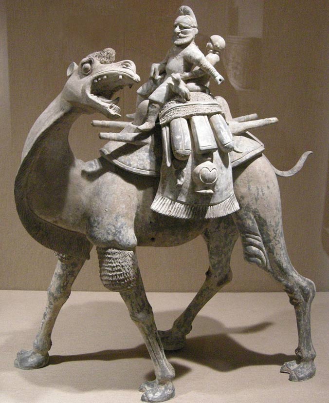 Camel with rider, earthenware, Tang Dynasty. 