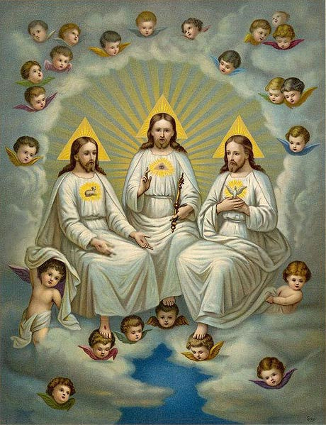 A representation of the Christian Holy Trinity. The persons of the Trinity are identified by symbols on their chests: The Son has a lamb, the Father, an Eye of Providence, and the Spirit a dove. 