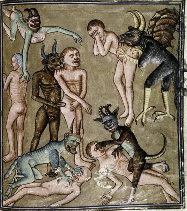 Evil demons attacking and feasting on humans, circa 1450-1470.