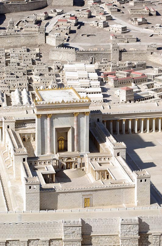 The Hebrew Bible says that the First Temple was built in 957 BCE by King Solomon, but destroyed by Babylonians in 586 BCE. The above is Herod's Temple (or the second temple said to be built atop the first) as imagined in the Holyland Model of Jerusalem. 