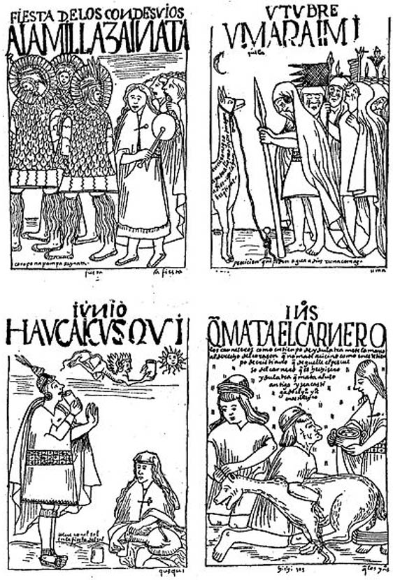 Four Incan ceremonies as depicted by Felipe Guaman Poma de Ayala. (1615) 