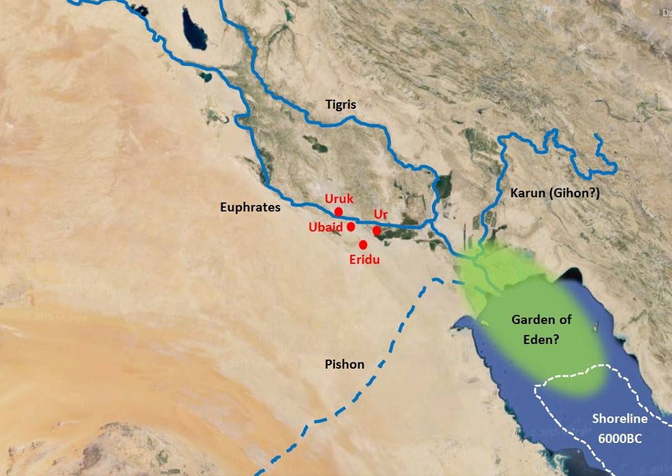 Geographical location of rivers mentioned in Genesis as flowing into the Garden of Eden, and the Garden's inferred location. 