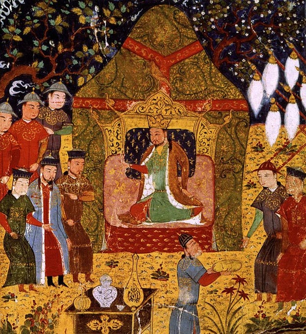 Genghis Khan seated in the center in tent and his attendants, sons, and generals surrounding.