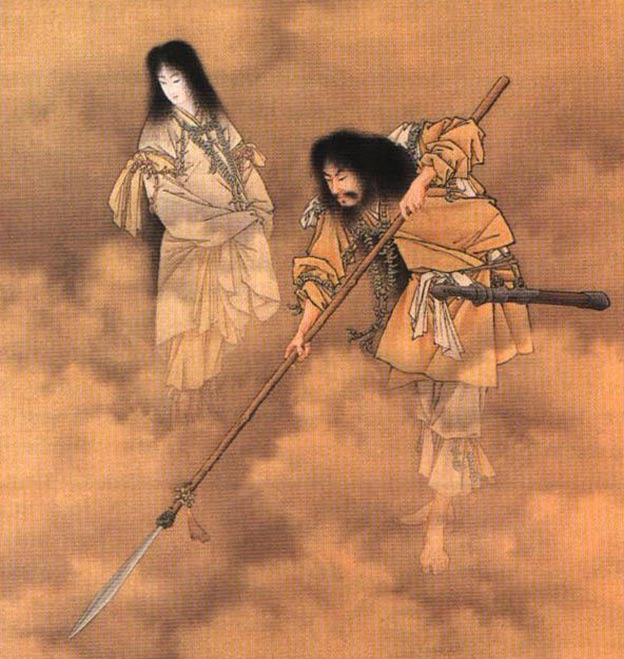 Detail; Izanagi with spear Amenonuhoko to the right, Izanami to the left.