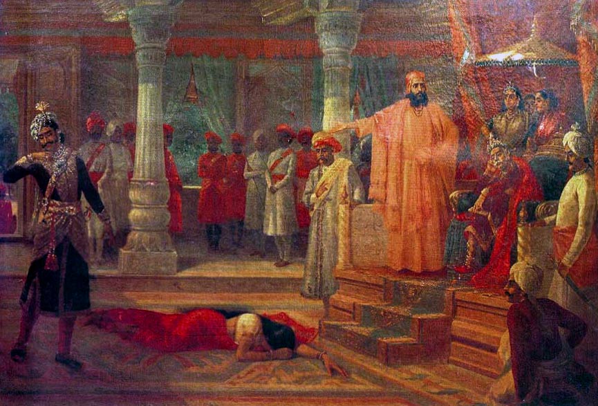 Draupadi as humiliated in Virata's durbar by Kichaka (left). 