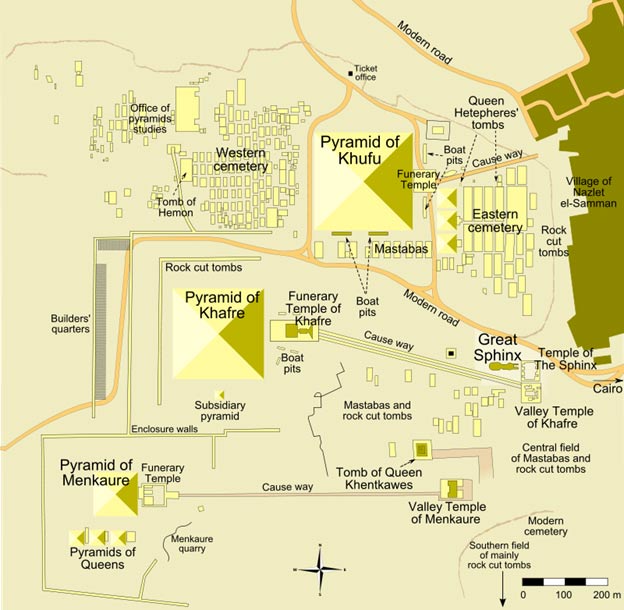 Map of Giza pyramid complex – "Pyramid of Khufu" refers to the Great Pyramid. 