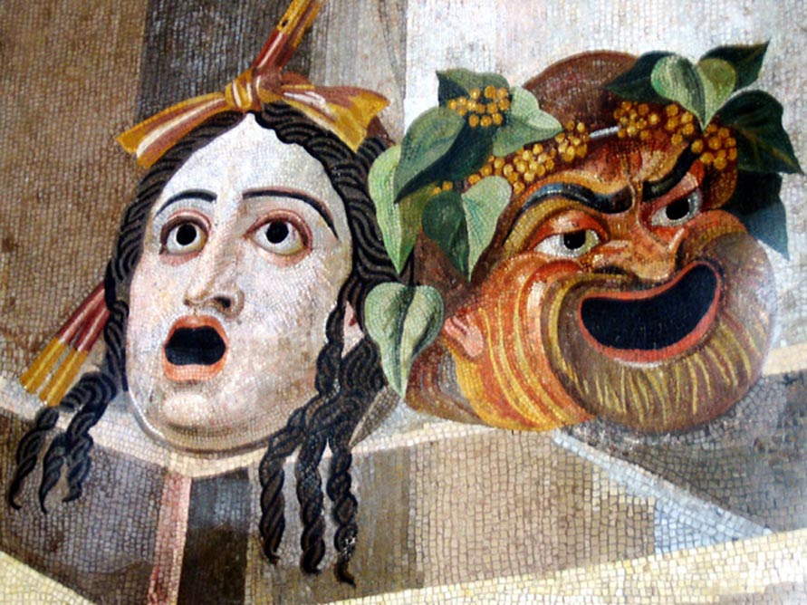 Mosaic, shown Gargoyles in form of Theatrical masks of Tragedy and Comedy. Roman artwork, 2nd century CE. 