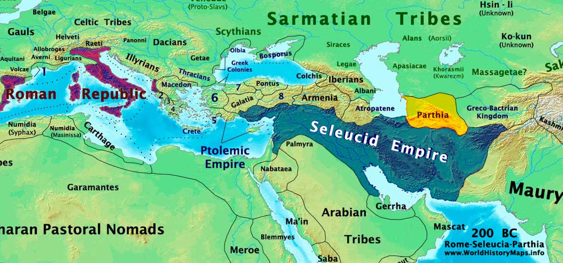 Roman, Seleucid, and Parthian Empires in 200 BC. Roman Republic is shown in Purple. The Blue area represents the Seleucid Empire. The Parthian Empire is shown in Yellow. 