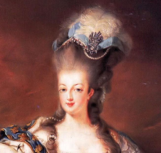 Detail; Portrait of Marie-Antoinette of Austria wearing the distinctive pouf style: her own natural hair is extended on the top with an artificial hairpiece with feathers, ribbon and jewelry. 1775. 