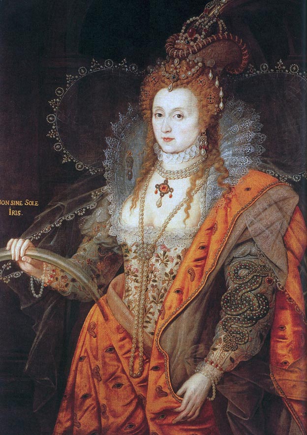 Queen Elizabeth I with signature red wig and headdress. The "Rainbow Portrait", c. 1600. 