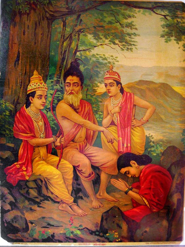Rama releasing Ahalya from curse. Lakshmana and sage Vishvamitra are present. 