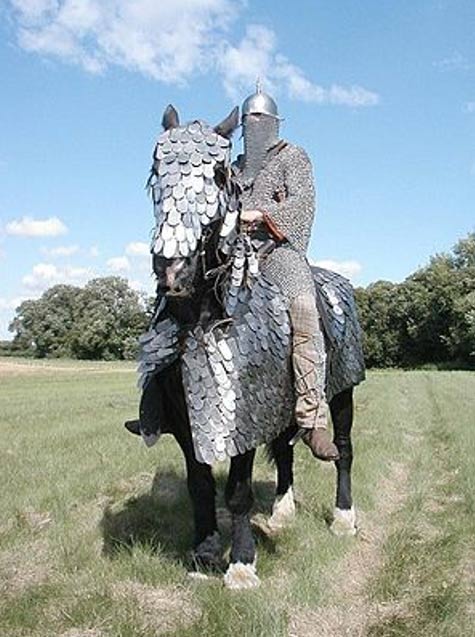 Historical re-enactment of a Sassanid-era cataphract, complete with a full set of scale armor for the horse. Note the rider's extensive mail armor, which was de rigueur for the cataphracts of antiquity. 