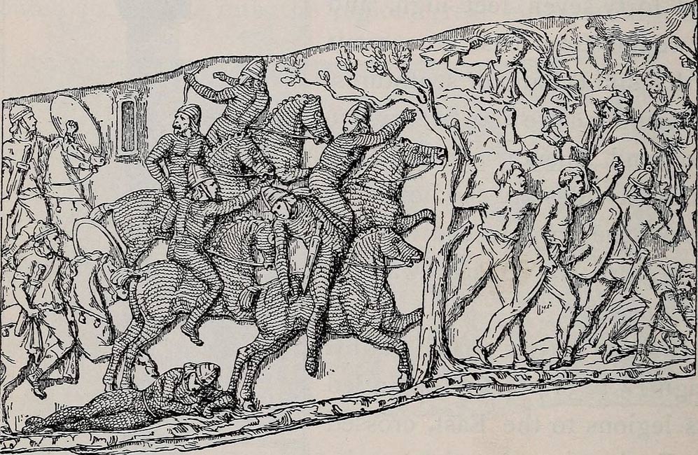 Depiction of a battle scene of Trajan's Column: On the left, Parthian horsemen in armor, fleeing before Roman riders.