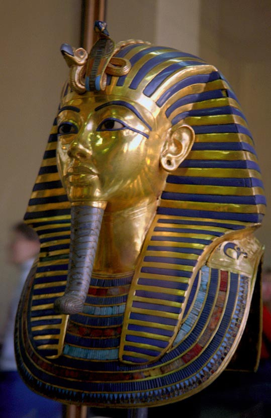 Tutankhamun’s mask with beard and headdress represented