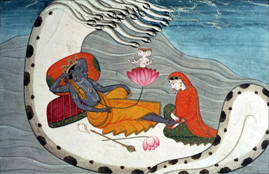 A page of a Bhagavata Purana illustrated manuscript in Devanagari. Illustration depicts Vishnu, Brahma and Shiva seated on their respective vahanas, or mythical mounts. 