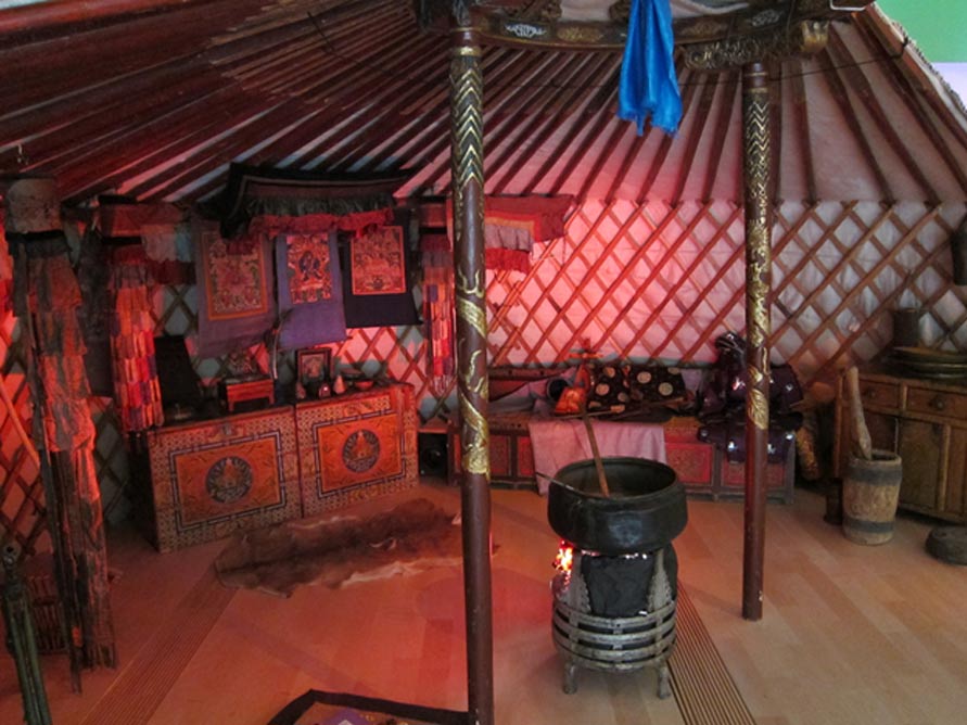 The recreated interior of an ancient Mongolian ger (also known as a yurt), from Genghis Khan: The Exhibition. 