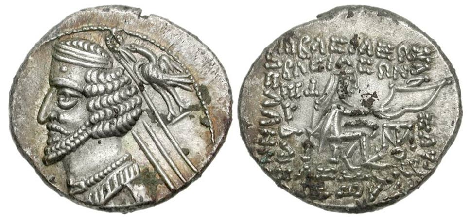 A coin face depicting King Phraates IV of Parthia. (Classical Numismatic Group, Inc. www.cngcoins.com
