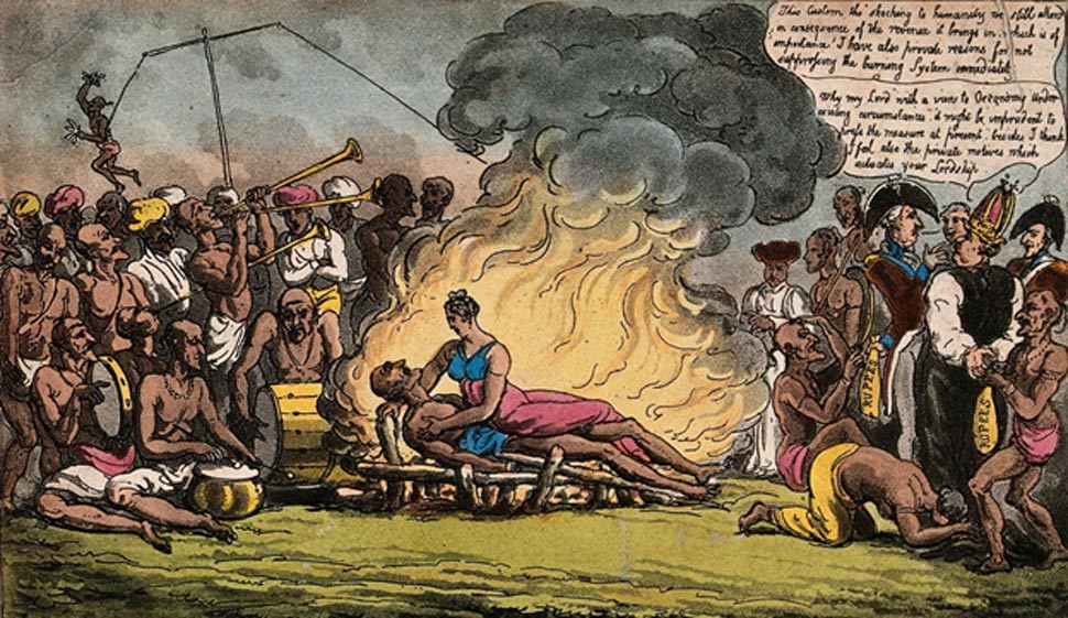 A political illustration from 1815 depicting suttee, with Lord Hastings shown as accepting bribes to allow its continuation. 