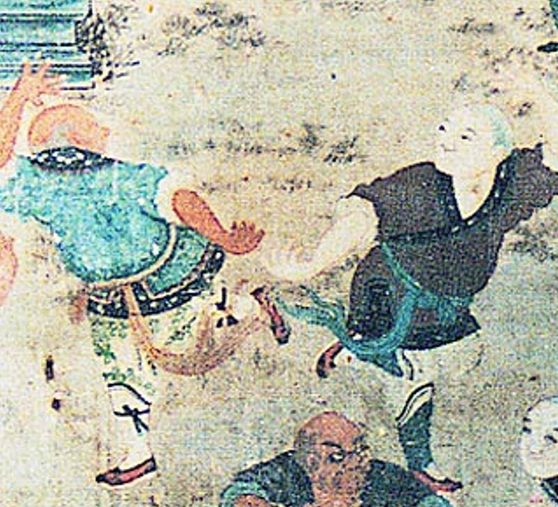 Depiction of fighting monks demonstrating their skills to visiting dignitaries (early 19th-century mural in the Shaolin Monastery). 