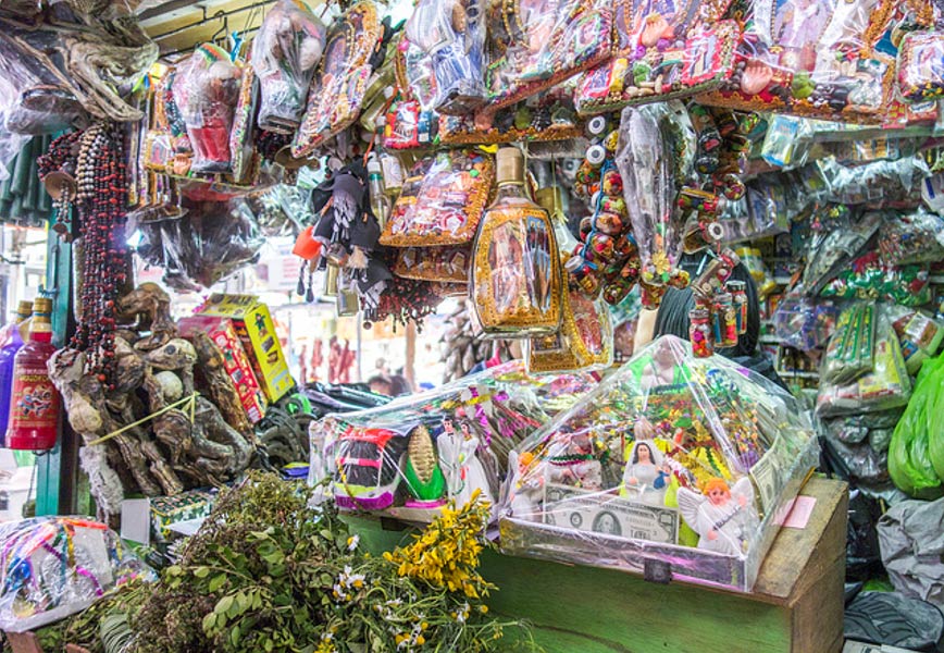 Various supplies and pre-made mesas for offering ceremonies on sale in Arequipa, Peru. 