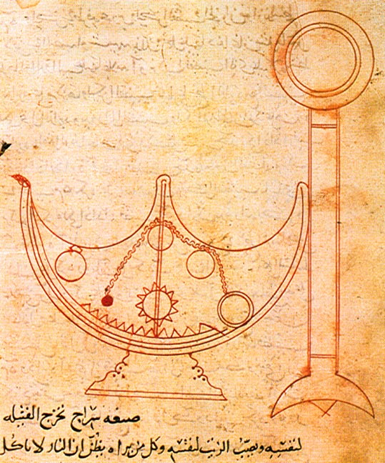 Original illustration of a self-trimming lamp discussed in the treatise on Mechanical Devices of Ahmad ibn Musa ibn Shakir.