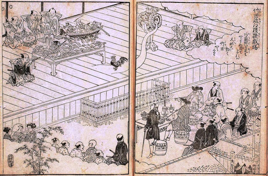 A Japanese automata theater in Osaka, drawn in 18th century. The Takeda family opened their automata theater in 1662.