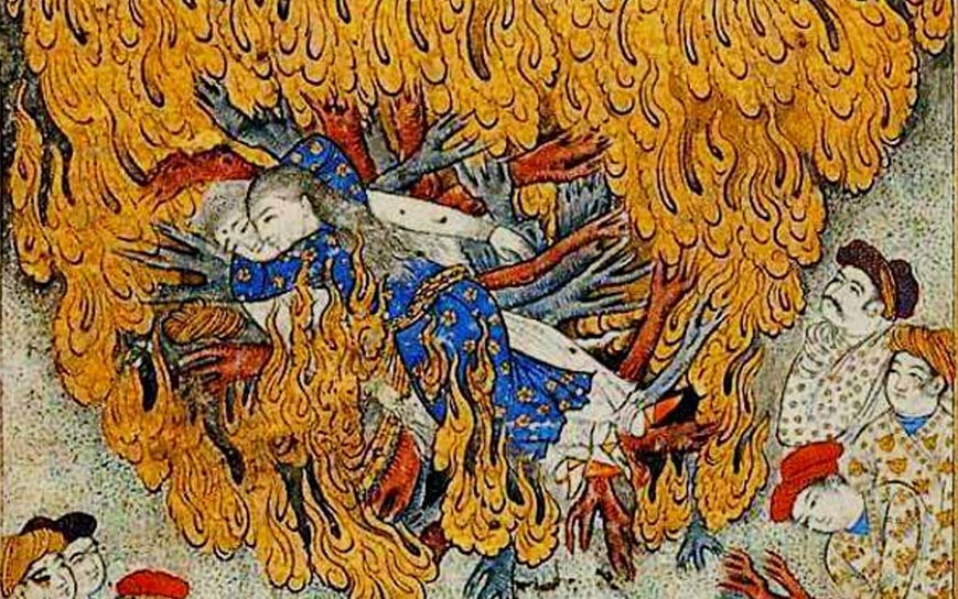17th century illustration of a woman committing sati: self-immolation on her husband’s funeral pyre. 